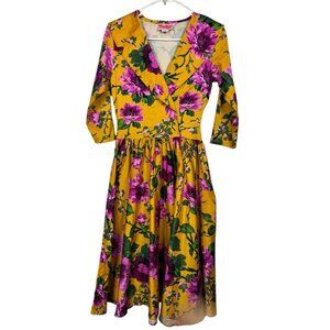 Pinup Couture Dress Womens Small Birdie Swing Skirt Floral Mustard 1950s Glamour